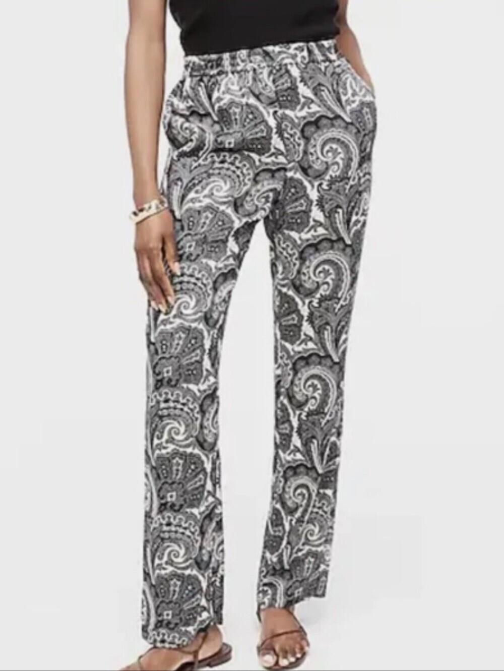 J. Crew Black & Cream Paisley Straight-Leg Pull-On Pants - Size 4 Tall - Picture 1 of 11